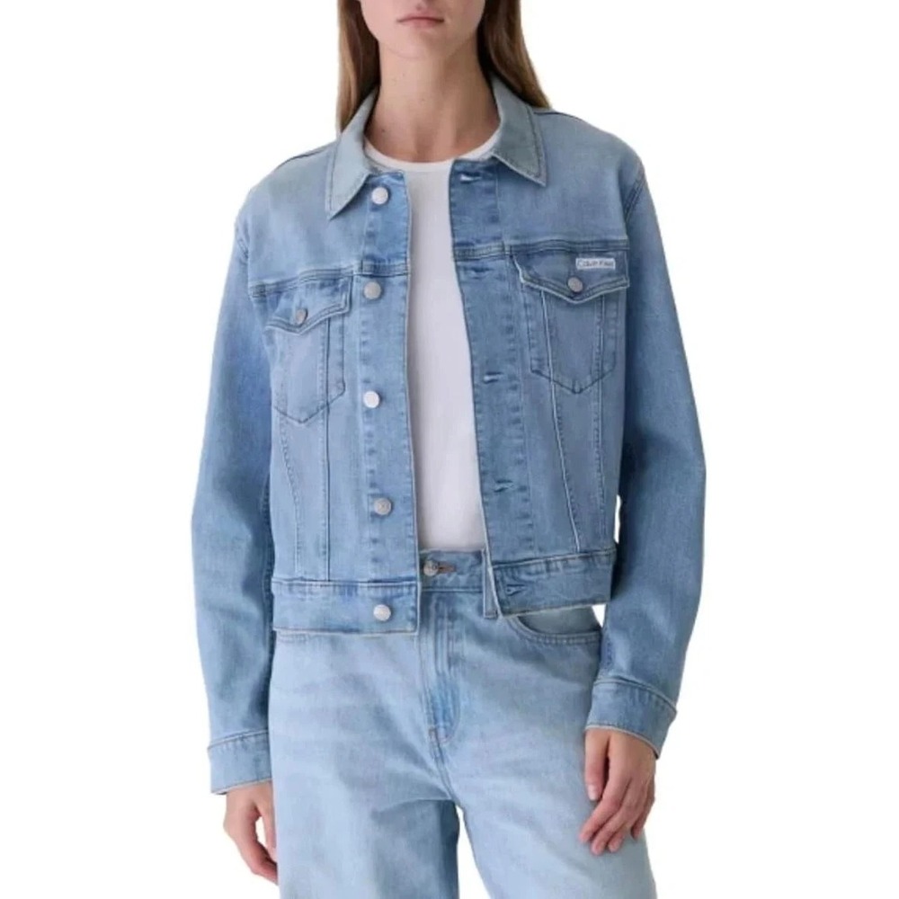 Calvin Klein Womens Classic Button Up Trucker Jacket Light Bay Blue Large New